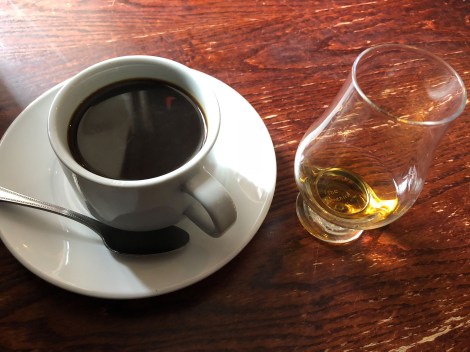 Celebrating with a coffee and dram of whisky at the Castle Tavern