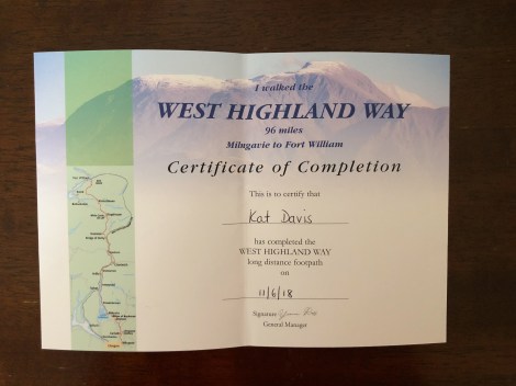 My Certificate of Completion of the West Highland Way