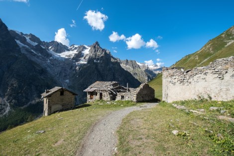 Old farm buildings along the Italian Val Ferret, TMB