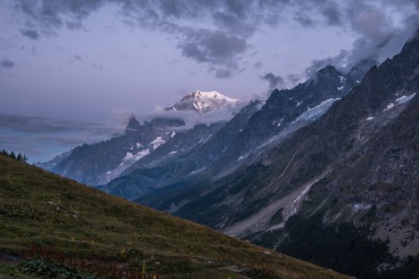Early morning at Rifugio Bonatti and our first view of the snow-covered Mont Blanc