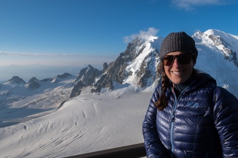 Selfie in front of Mont Blanc at the Aiguille du Midi cable car station, 3842m