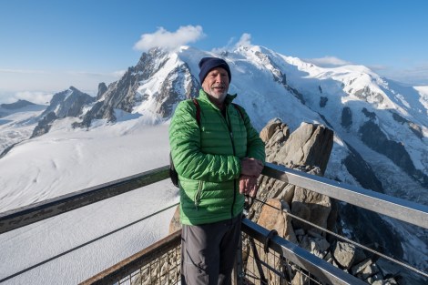 Dad in front of Mont Blanc at the Aiguille du Midi cable car station, 3842m