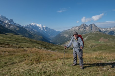 Dad at Col de Balme (2191m) saying goodbye to our views of Mont Blanc before descending into the Swiss valley
