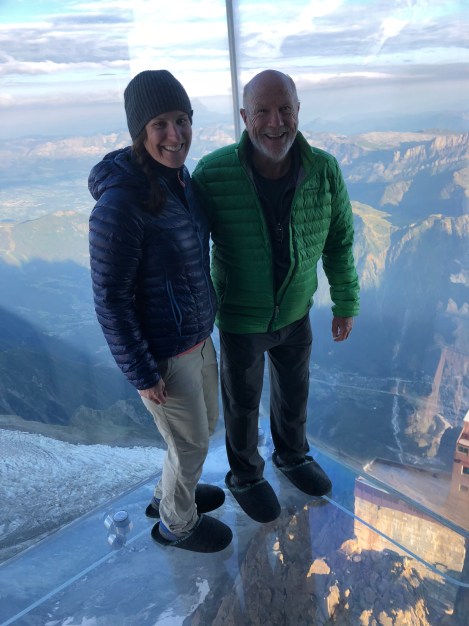 Dad and I at the 'step into the void' experience at the Aiguille du Midi cable car station