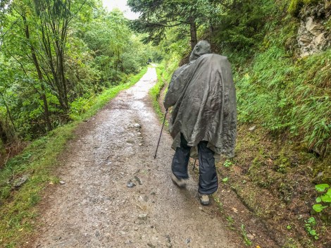 It's raining for the first time while walking so we don our ponchos