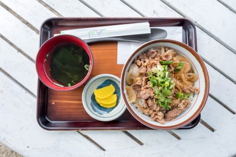 Lunch of gyudon (beef on rice) with a clear soup and radish at the Michi-no-eki Hyuga