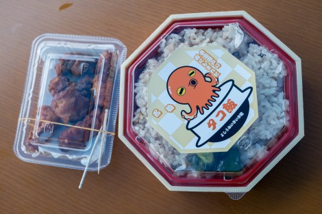 Fried octopus and octopus rice at Yoshiumi iki-iki kan Michi-no-eki on Oshima island