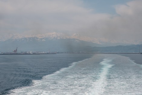 Looking back at the snow-covered peaks