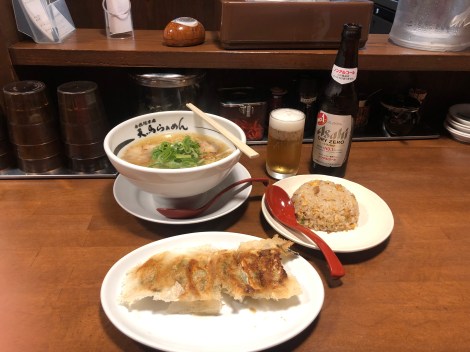 Ramen, gyoza, fried rice and an alcohol-free Asahi beer for dinner