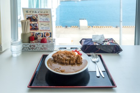 Having katsu curry and rice for lunch at the ferry terminal in Oma