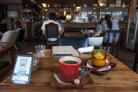 Morning tea of coffee and tiramisu at the cool Cafe Oyaji in Inawashiro