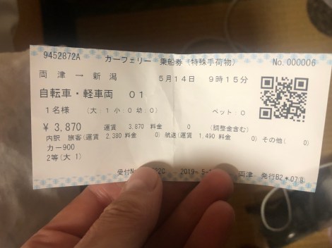 Car ferry ticket from Ryotsu to Niigata