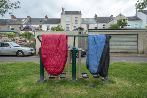 Drying out our sleeping bags in Lower Common Park, Pembroke