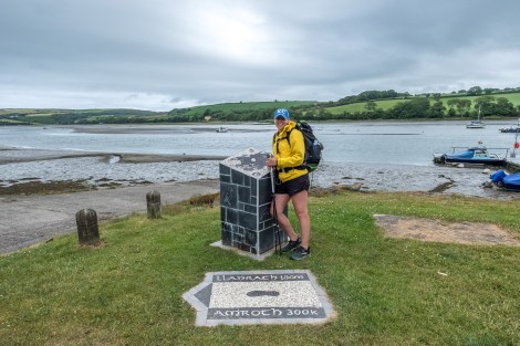 KC at the end marker of the Pembrokeshire Coast Path in St Dogmaels!