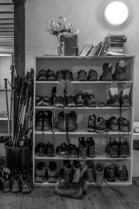 Boot rack in the entrance at Albergue de Zumaia Convento de San José