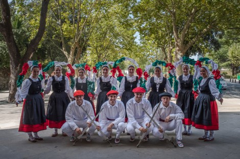 A group of traditional Basque dancers waiting for the new Bride and Groom to exit the Basilica of Begoña in Bilbao