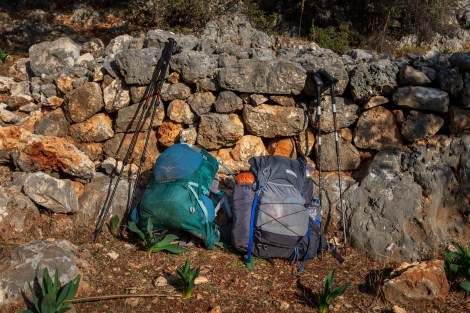 Taking our packs off to explore the Aperlai ruins